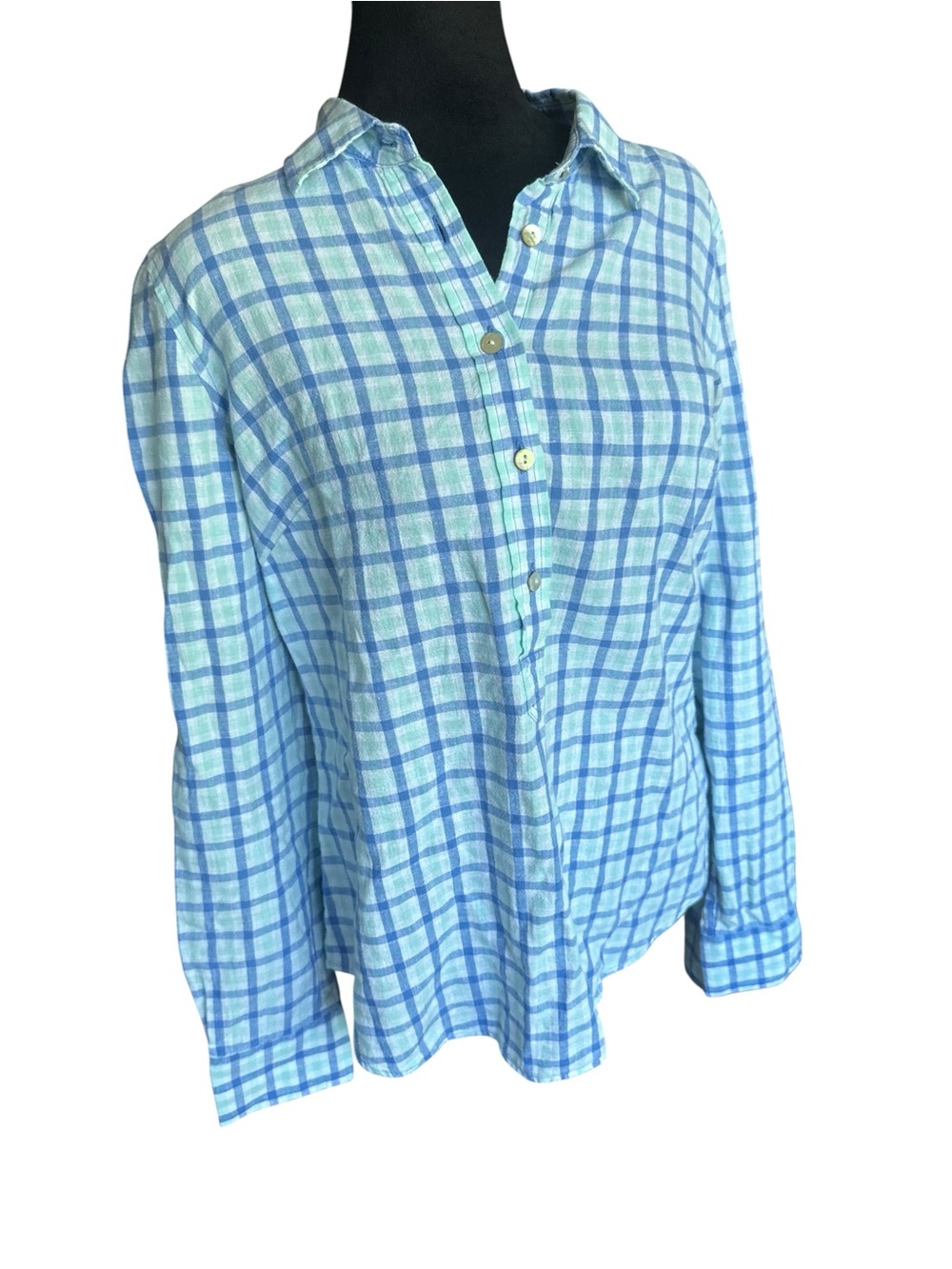 Vineyard Vines Long Sleeve Popover Shirt Blue Plaid Linen Blend Size 10